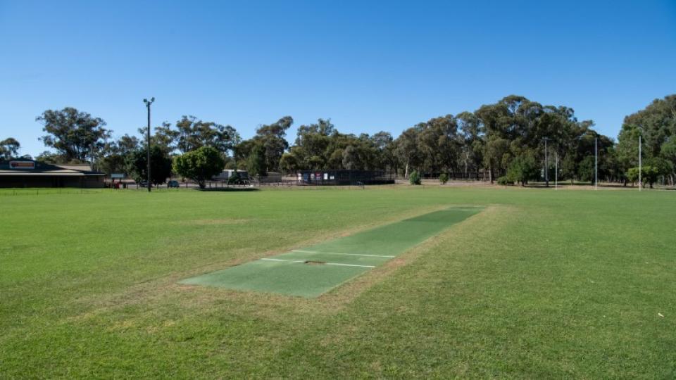 A green cricket pitch with white boundary lines is situated on a grassy field, with trees and a light pole visible in the background under a clear blue sky.
