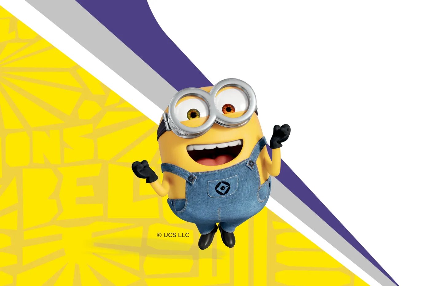 A yellow minion character with silver goggles and black gloves is depicted against a yellow background with purple and gray diagonal stripes.